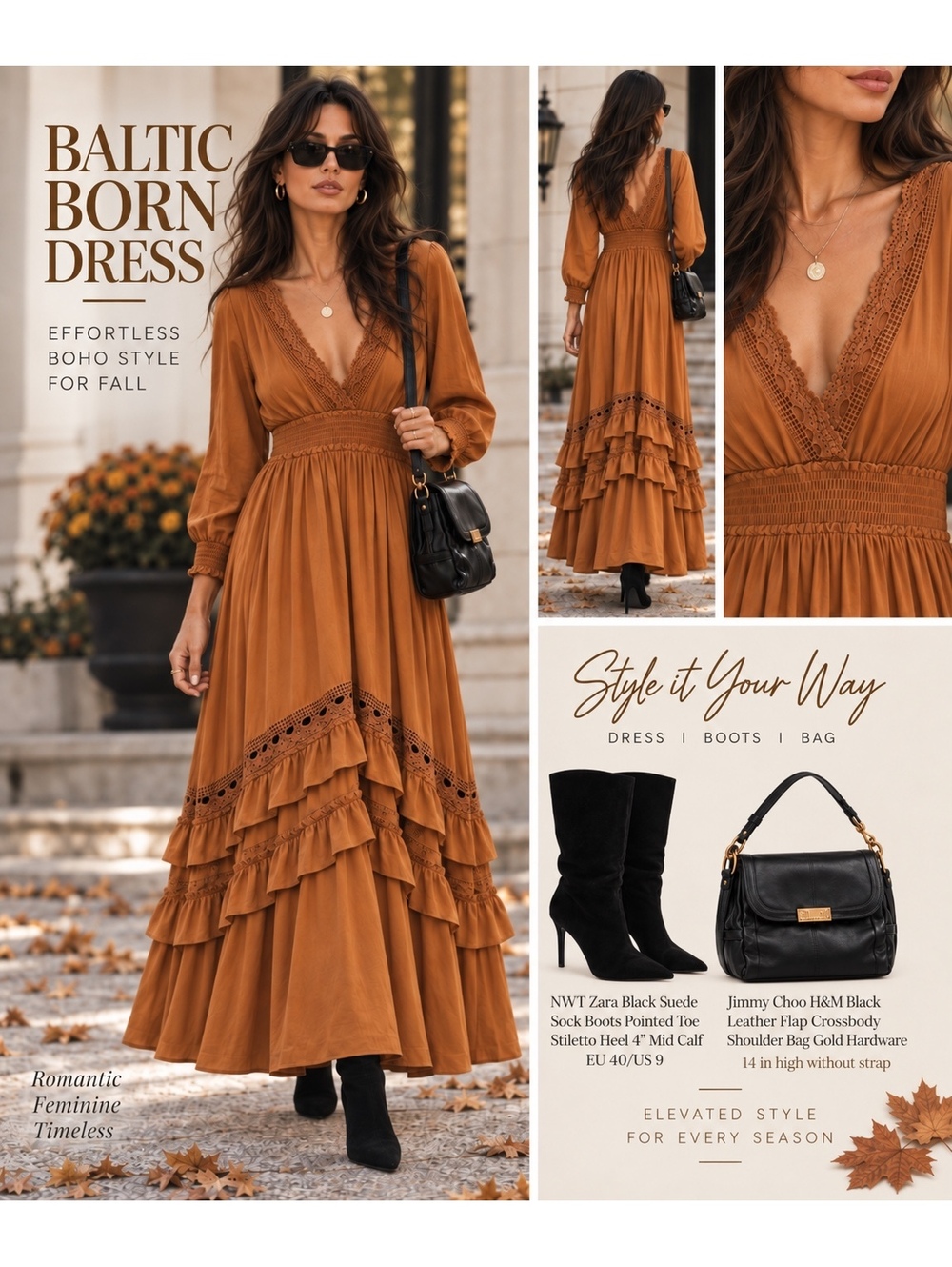 Baltic Born Rust Lace Trim Ruffle Maxi Dress M Boho Smocked Waist
